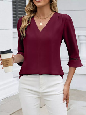 Wine Red V-neck blouse with 3/4 sleeves featuring lace trim detail at the cuff.