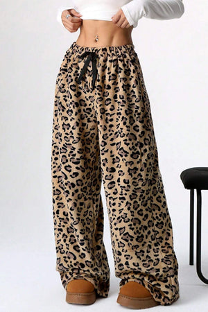 Leopard plush palazzo lounge pants with drawstring waist and wide leg.