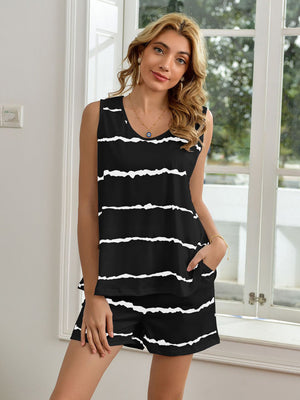 Black abstract stripe sleep set with scoop neck tank and shorts.