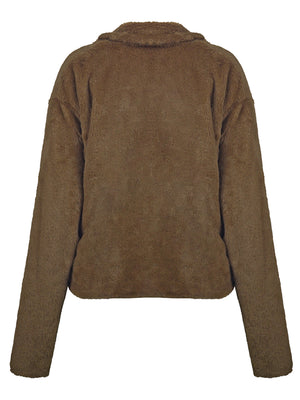 Faux fur biker jacket in chocolate brown with a collar and long sleeves.