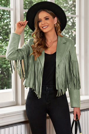 Sage green suede cropped jacket with fringe detail and lapel collar.