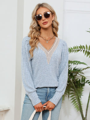 Misty Blue ribbed knit sweater with crochet trim V-neck and long sleeves.
