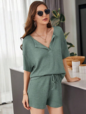 Relaxed waffle henley short set in Army Green with drawstring shorts and short sleeves.
