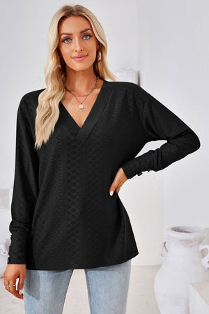 Black textured V-neck blouse with button cuff detail
