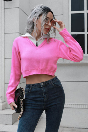 Pink cropped v-neck sweater with zip detail and white collar, acrylic knit