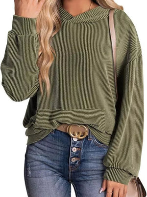 Green ribbed V-neck oversized hoodie sweatshirt with balloon sleeves and a front pocket detail.