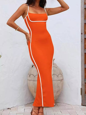 Orange spaghetti strap maxi dress with white contrast piping detail