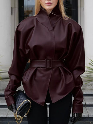 Stand Collar Belted Faux Leather Jacket in Wine Red, close-up detail