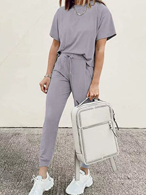 Grey casual round neck top and jogger pants set with drawstring waist.