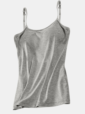 Gray soft-cup cami with adjustable straps and a scoop neckline
