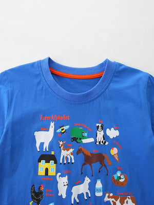 Blue cotton t-shirt with farm alphabet print featuring animals and farm equipment.
