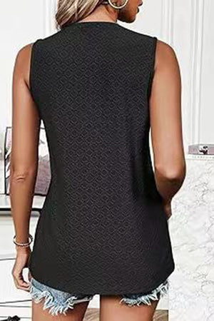 Black sleeveless scoop neck top with allover geometric texture