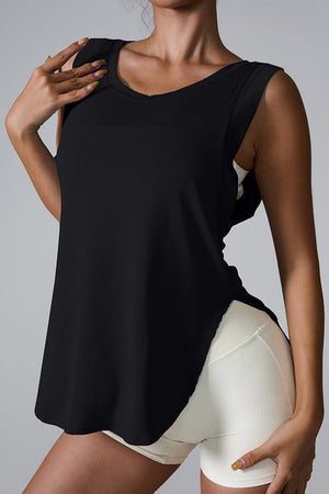 Black performance tank top with asymmetric hemline and scoop neck