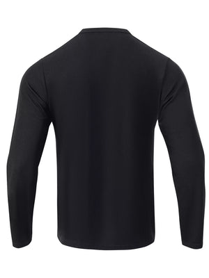 Black long sleeve Henley t-shirt with a ribbed texture for everyday comfort.
