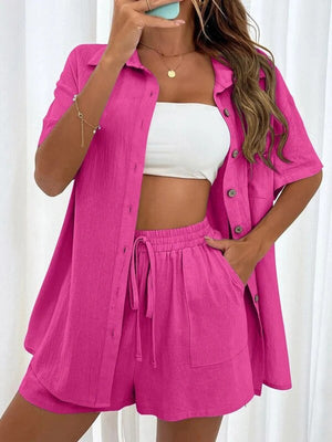 Hot Pink linen co-ord set: button-down shirt with short sleeves and drawstring shorts with pockets.