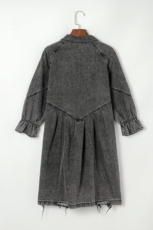 Gray denim shirtdress with ruffled cuffs and frayed hem.