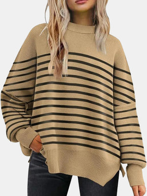 Camel and black striped ribbed knit sweater with slouchy sleeves and mock neck.