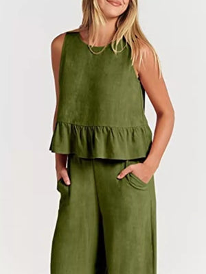 Ruffled Hem Sleeveless Top And Wide-leg Pants Set Plus Size in Black, fabric detail