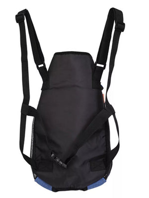 Black adjustable pet carrier backpack with mesh sides and blue trim.