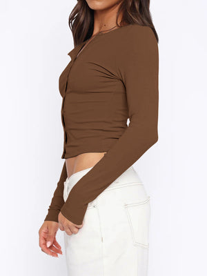 Button-down ribbed crop top in Coffee Brown with long sleeves and a casual fit.
