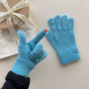 Cerulean wool knit gloves with ribbed cuffs and button detail