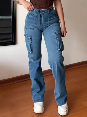 Blue cotton high-waisted cargo jeans with button fly and multiple pockets.