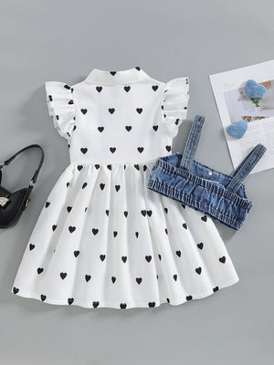 White heart print dress with ruffled sleeves and denim cami set