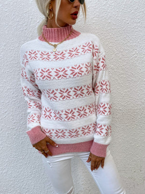 White and carnation pink fair isle mock neck pullover sweater with ribbed cuffs and hem.