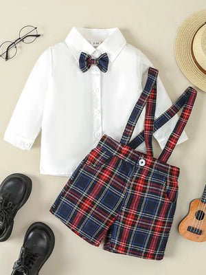 Children's Button Up Long Sleeve Shirt And Suspender Set in White, front view
