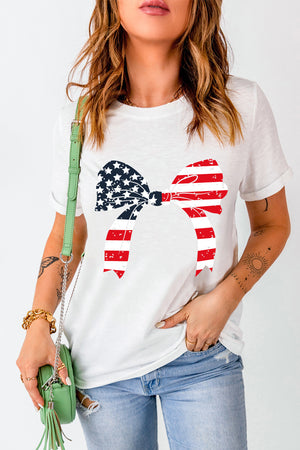 White t-shirt with distressed American flag bow graphic.