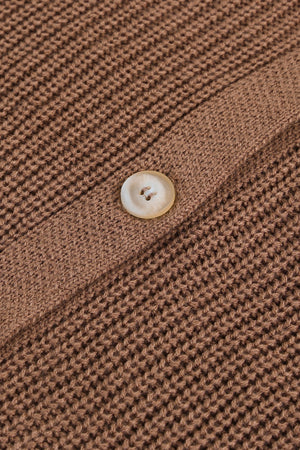 Taupe knit cardigan with a single button closure and diamond-cut detail.
