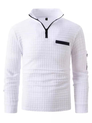 White textured zip-neck polo shirt with contrast black pocket and black zipper detail.