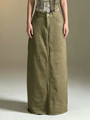 Army green cotton maxi denim skirt with raw hem and button closure