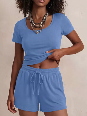 Blue scoop-neck tee and drawstring shorts set for women, comfortable loungewear.