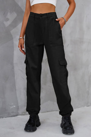 Black utility cargo trousers with elasticated cuffs and multiple pockets.