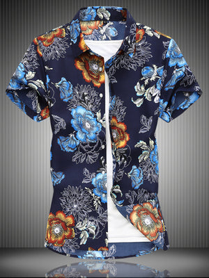 Men's plus size navy floral casual shirt with short sleeves and button-up front.