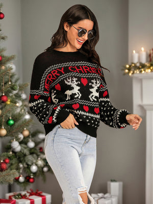 Black round neck sweater with Merry Christmas text, reindeer and heart pattern