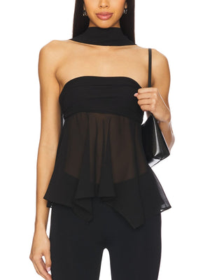 Black asymmetrical sheer top with elegant scarf detail and ruffled hem.
