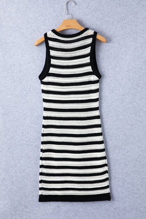 Striped crochet bodycon mini dress with black trim and crew neck.