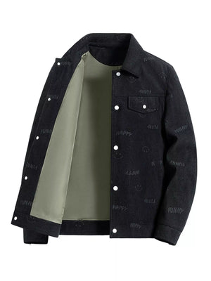 Black corduroy jacket with all-over smiley face and word print, button front, and chest pocket.