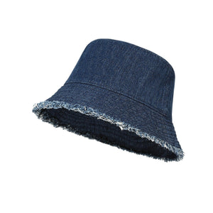 Dark blue denim bucket hat with frayed hem detail.