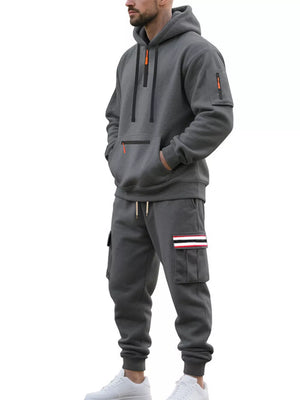 Men's Casual Half-zip Hoodie And Cargo Pants Set in Navy Blue, alternate angle