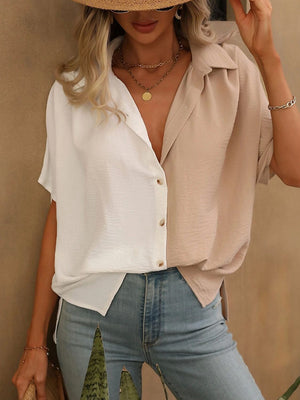 Colorblock silk-effect collared blouse in white and apricot with button front and short sleeves.