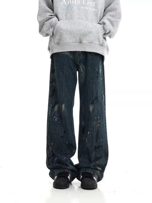 Distressed dark blue wide-leg jeans with paint splatters, cotton, casual style