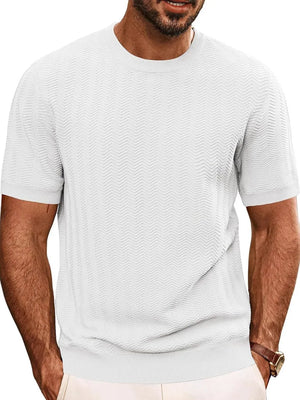 White chevron knit crew neck tee with short sleeves and ribbed hem.