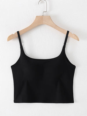 Black built-in bustier crop camisole with adjustable spaghetti straps and a square neckline.