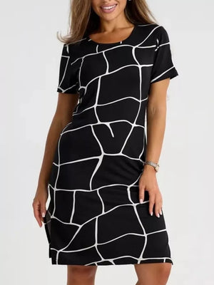 Full Size Geometric Print Midi Dress With Side Slit in Beige, side view