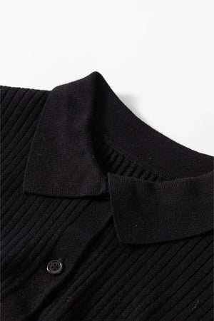 Black ribbed knit polo cardigan with button detail