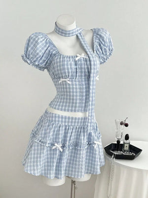 Plaid Puff Sleeve Blouse And Skirt Set, close-up detail