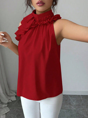 Ruffled high neck sleeveless top in red, black, apricot, or brown.